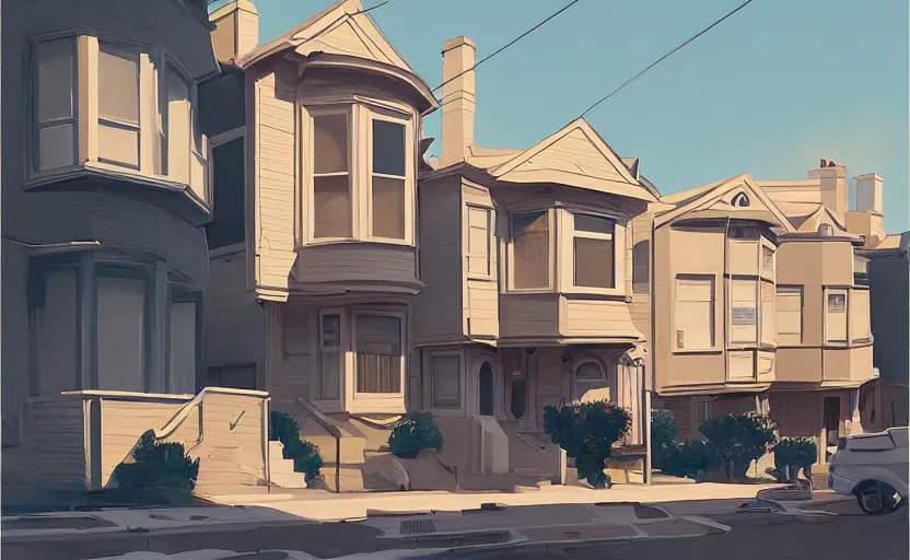 Image similar to a front view san francisco neighborhood illustration by atey ghailan, trending on artstation