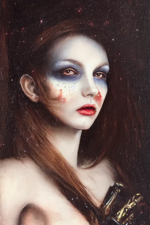 Image similar to hyperrealism oil painting, close - up portrait of european medieval brunette vampire fashion model, knight, steel gradient mixed with nebula sky, in style of baroque