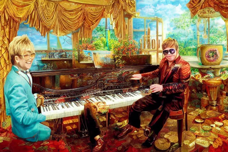 Image similar to elton john playing a piano in a pool filled with baked beans, an oil painting by ross tran and thomas kincade