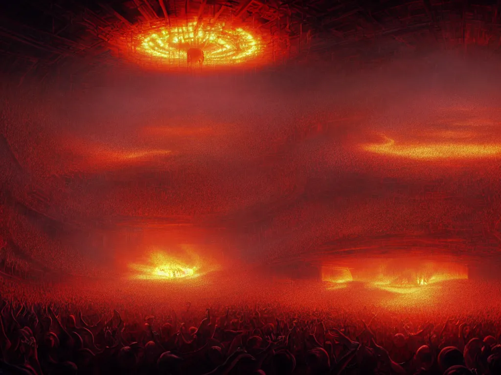 Image similar to 4 k photograph of a concert in hell, brightly lit stage centered and on fire, high contrast, stage lighting, pyrotechnics, ghibli animated film, volumetric lighting, octane render by stanley artgerm lau, greg rutkowski, thomas kindkade, alphonse mucha,