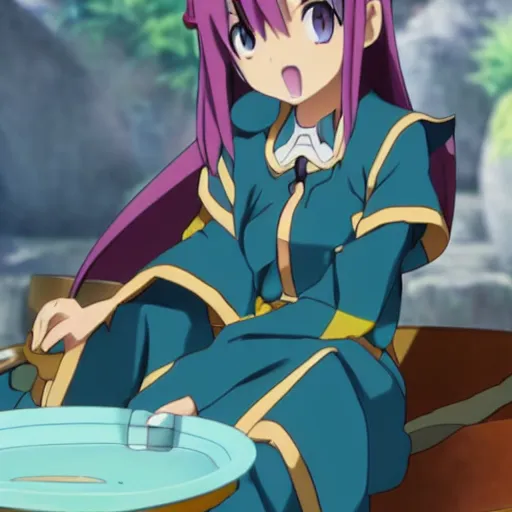 Prompt: Aqua from KonoSuba drinking tea, anime, visually stunning, 8k, intense detail, focused,