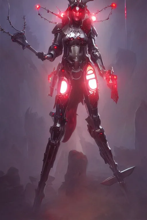 Image similar to Portrait of beautiful pale smiling cyborg maiden in bikini armor with crown of thorns and glowing red eyes, cyberpunc, Warhammer 40000, digital art from artstation by Ruan Jia and Mandy Jurgens and Artgerm and william-adolphe bouguereau