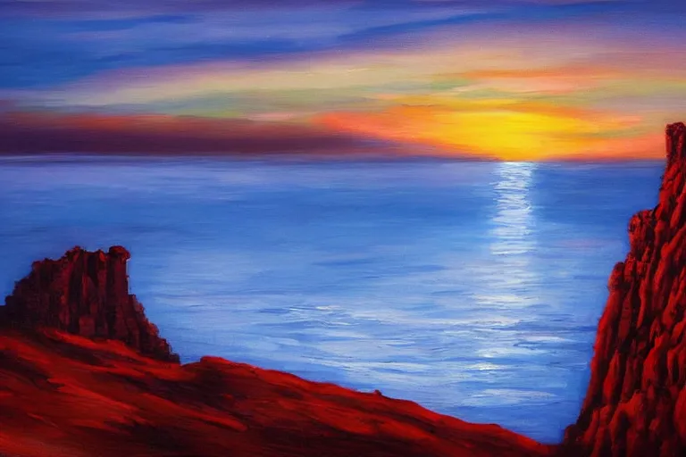 Image similar to a blue sunset with red tall cliffs, scenic view, artstation, painting