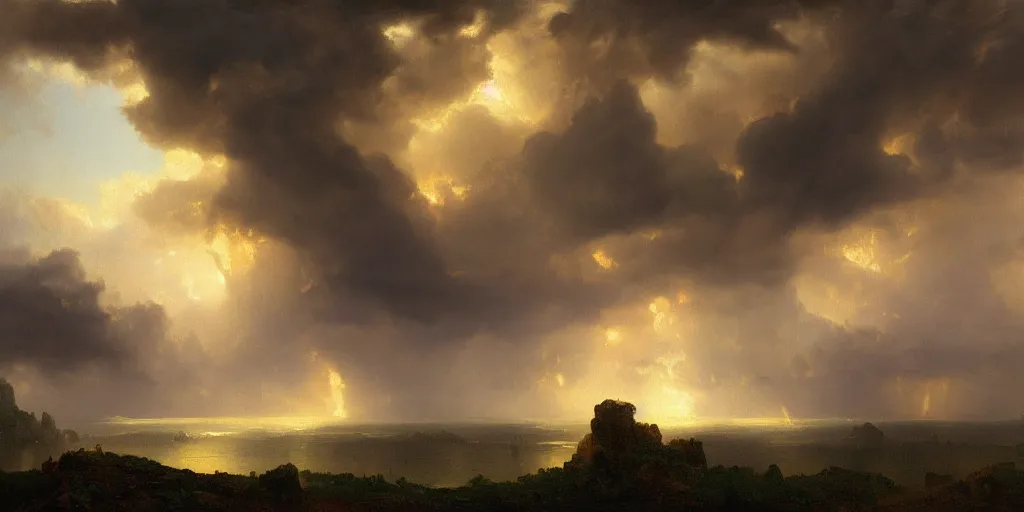 Image similar to a beautiful painting of epic skycape with thunder clouds and storm over a moody landscape by albert bierstadt and joseph zbukvic, moody color scheme, high detail, trending on artstation