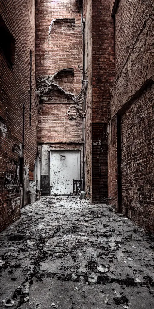 Image similar to texture of a grunge dirty alley, bullet holes, wall brick concrete plaster eroded worn, bullet holes, dark alley, hyper-realistic, ultra-realistic, intricate details, 4k, octane render, unreal 5, digital art