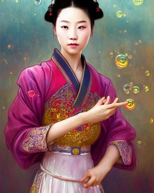 Image similar to portrait of chinese han clothing girl, dreamy and ethereal, expressive pose, big gold eyes, firm expression, fantasy, intricate, elegant, many rainbow bubbles, rose tones, highly detailed, digital painting, artstation, concept art, smooth, sharp focus, illustration, art by artgerm and greg rutkowskiand alphonse mucha