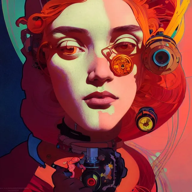 Prompt: a beautiful portraits painting of a atompunk girl by moebius and pascal blanche and josan gonzalez and greg rutkowski and sachin teng and alphonse mucha. in style of futurism art. brush stroke, vibrating colors, hyper detailed. 4 k texture. beautiful features. octane render. trending on artstation