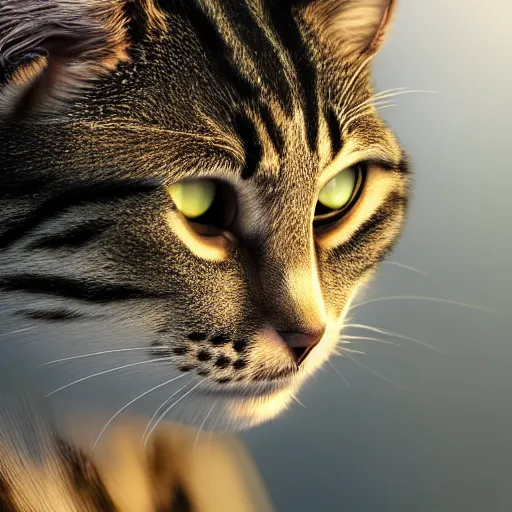 Image similar to a high detail photograph of a cat, high detail cinematic lighting, 8k, establishing shot, photorealism, cgcosiety, trending on artstation, by greg rutkowski