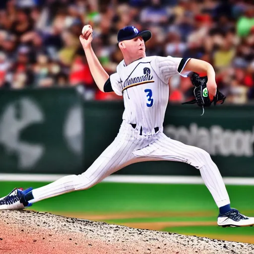 Prompt: action portrait photo of kyle funkhouser pitching, in uniform, realistic, very realistic face, exact face