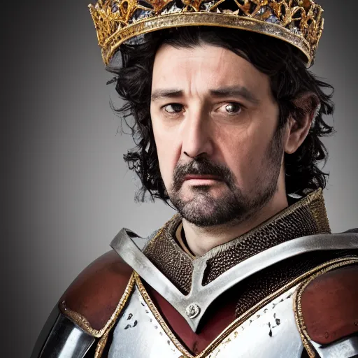 Image similar to richard iv the roman king photo, real human, soft studio lighting, 6 0 mm lens in full armor, cashmere hairs