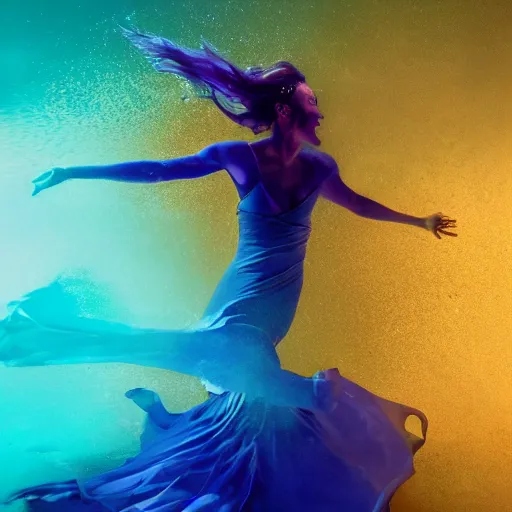 Image similar to woman dancing underwater wearing a flowing dress made of blue, magenta, and yellow seaweed, delicate coral sea bottom, swirling silver fish, swirling smoke shapes, octane render, caustics lighting from above, cinematic, hyperdetailed