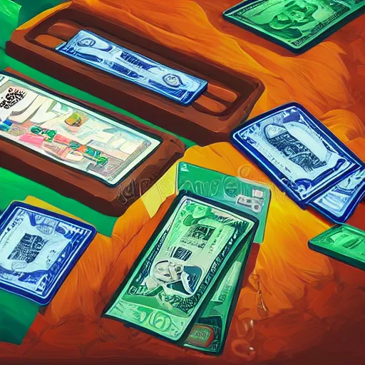 Prompt: A screen showing digital money, digital painting, card game illustration, detailed background