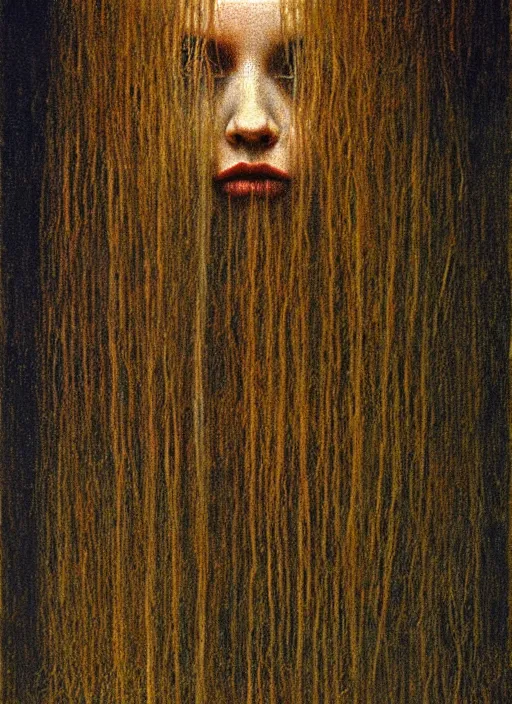 Image similar to girl with long hairs inside cage by Beksinski