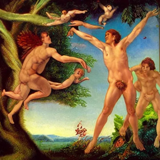 Prompt: eve starjumping in the garden of eden , with god blushing, hyper realism