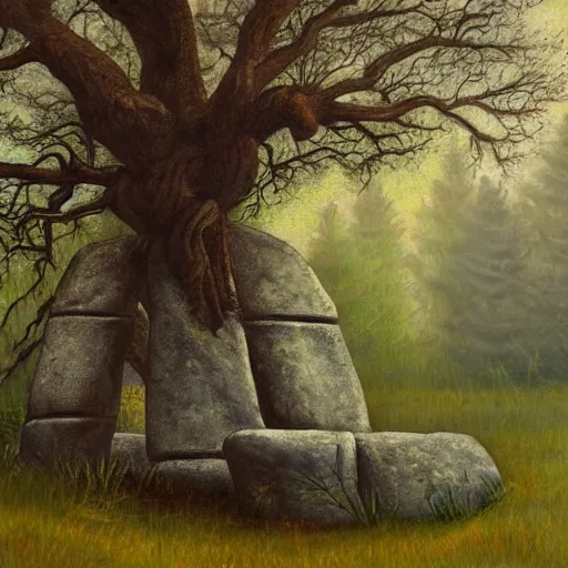 Prompt: runestone, monument, megalithic, oil painting, nature, trees, forest