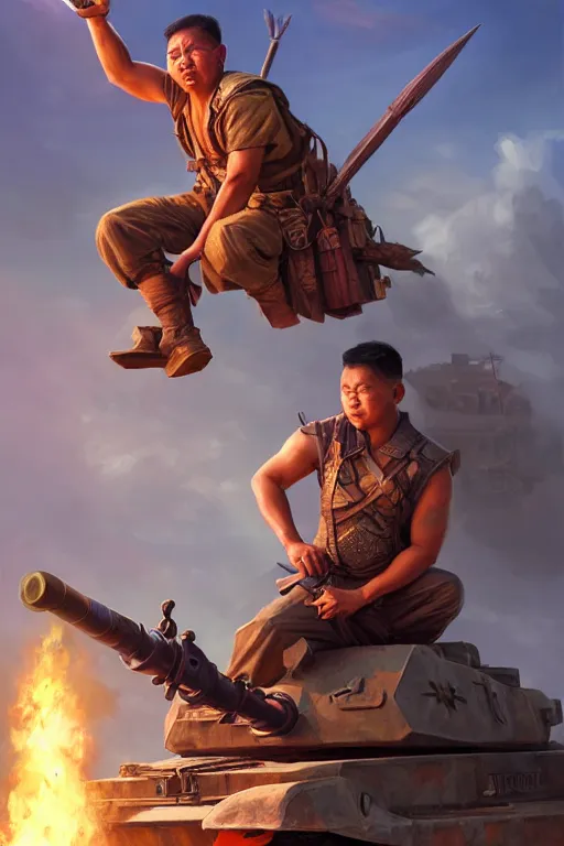 Image similar to a filipino man sitting on a tank holding a scepter and eating popcorn, highly detailed, d & d, fantasy digital painting, trending on artstation, concept art, sharp focus, illustration, global illumination, ray tracing, realistic shaded, art by artgerm and greg rutkowski and fuji choko and viktoria gavrilenko and hoang lap