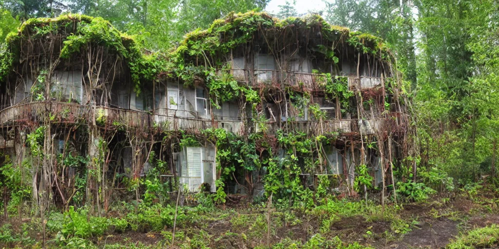 Prompt: multi story house made from enormous mushroom, vines, pacific northwest