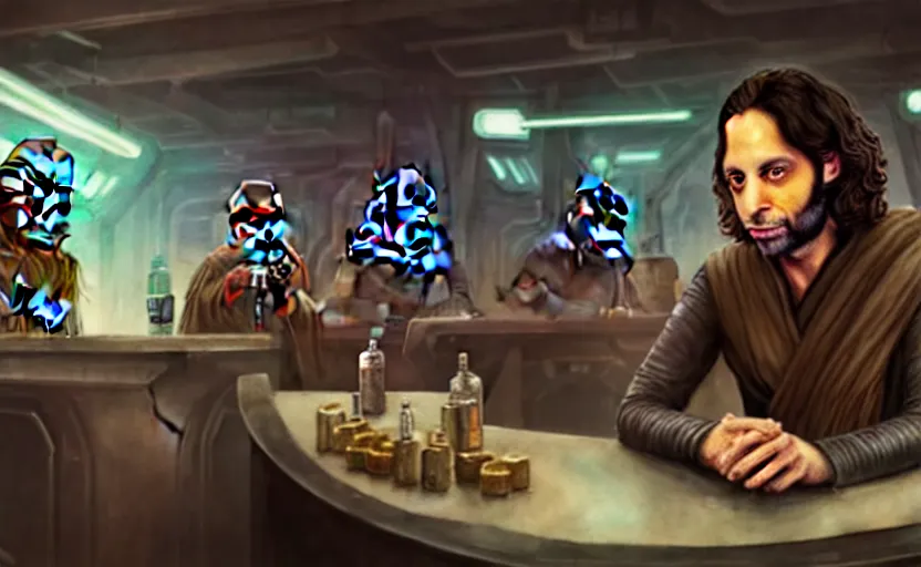 Image similar to a realistic star wars watercolor fantasy concept art of a drug dealer that looks like chris d'elia in a sleazy futuristic bar of coruscant, hq, 4 k