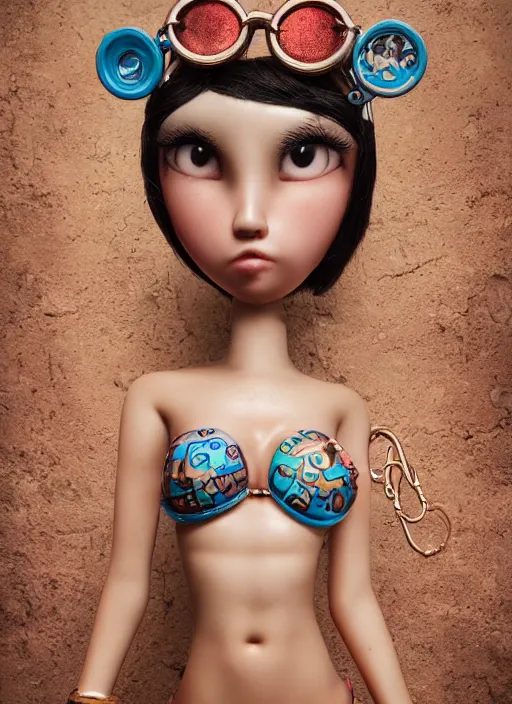 Prompt: closeup portrait of tin toy eskomo bikini swim champ girl trap, depth of field, zeiss lens, detailed, symmetrical, centered, fashion photoshoot, by nicoletta ceccoli, mark ryden, lostfish, breathtaking, 8 k resolution, extremely detailed, beautiful, establishing shot, artistic, hyperrealistic, octane render