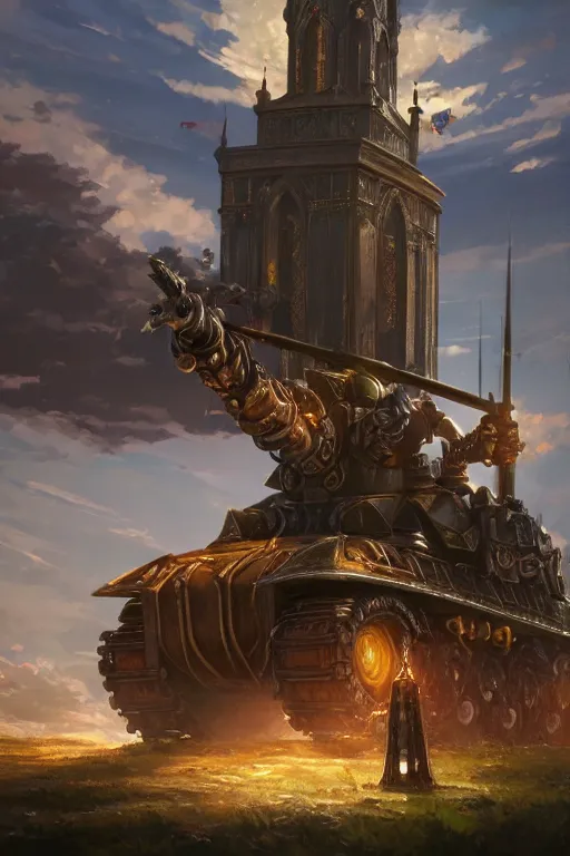 Image similar to a mobile driving ornate cathedral church as tower mounted on a tank with chain drive, warhammer 4 0, scene in an open field. key visual, conceptart, ambient lighting, highly detailed, digital painting, artstation, concept art, sharp focus, by makoto shinkai and akihiko yoshida and kris kuksi