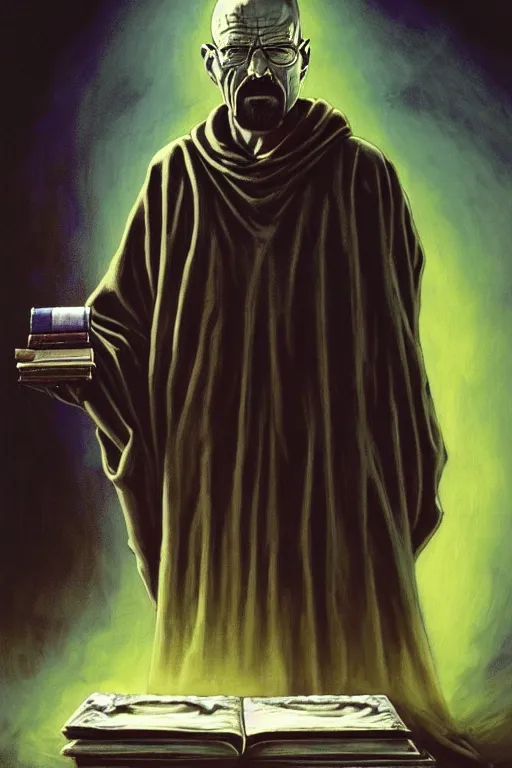 Prompt: painting of walter white as a cloaked tech priest holding a book, adeptus mechanicus!, cybernetic enhancements attached to his body, praise the omnissaiah, zdzislaw beksinski, lewis jones, mattias adolfsson, warhammer 4 0 k!!, cold hue's, warm tone gradient background, concept art, digital painting