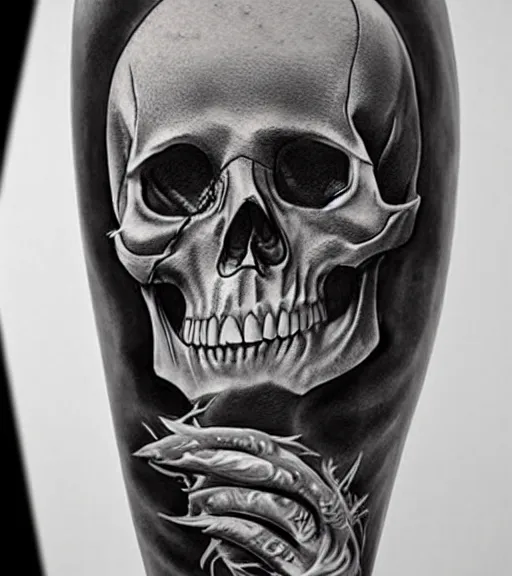 Image similar to a tattoo design of a creative skull, hyper realistic, black and white, realism, highly detailed