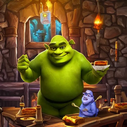 Image similar to shrek as a wizard, in a tavern, hearthstone, concept illustartion, character art,