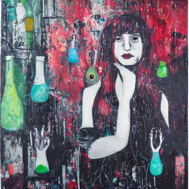 Image similar to a portrait in a dark apartment, cityscape, a female art student holding an octopus, rain made of milk, berries, broken bottles, metaphysical, neo - expressionism, surrealism, acrylic and spray paint and oilstick on canvas