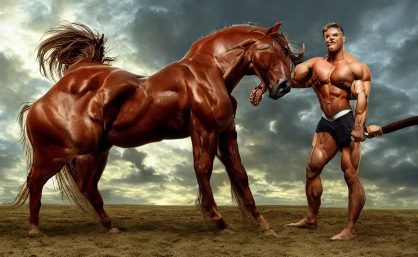 Image similar to strong horse with big muscles. centaur. bodybuilder, strong, 2 0 0 0 s