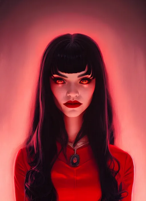 Image similar to portrait of vampire veronica lodge with bangs, vampire fangs, vampire, long hair, red clothes, bangs, vampironica, intricate, elegant, glowing lights, highly detailed, digital painting, artstation, concept art, smooth, sharp focus, illustration, art by wlop, mars ravelo and greg rutkowski