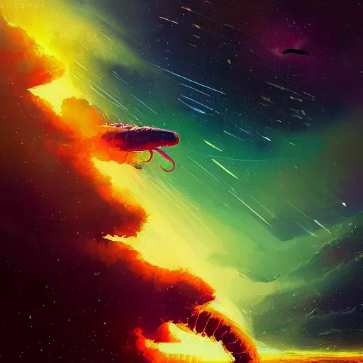 Image similar to a detailed painting of a space serpent floating in space in a sea of colorful sea of stars, by alena aenami, petros afshar and greg rutkowski trending on artstation, deviantart, dragon scales, stars
