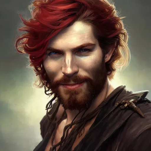 Prompt: portrait of a young ruggedly handsome but joyful pirate, male, masculine, upper body, red crimson hair, long hair, fantasy, roguish smirk, intricate, elegant, highly detailed, digital painting, artstation, concept art, matte, sharp focus, illustration, art by artgerm and greg rutkowski and alphonse mucha