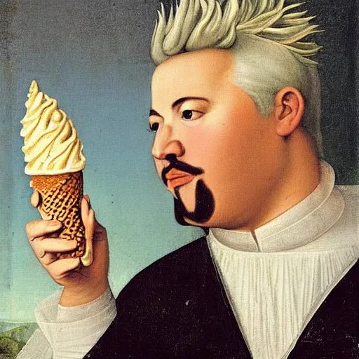 Image similar to a 1 6 0 0 s portrait painting of guy fieri holding an ice cream cone, intricate, elegant, highly detailed