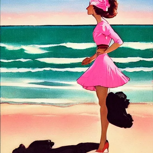 Image similar to woman, black dress in the middle of the beach, pink sea, leyendecker style