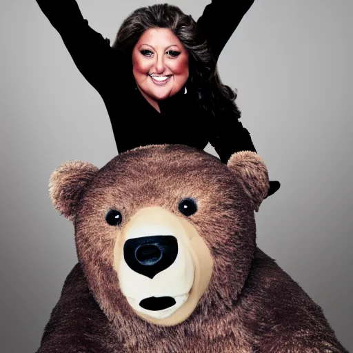 Prompt: Abby Lee Miller, riding a bear, HD Photograph, Portrait, Face shot