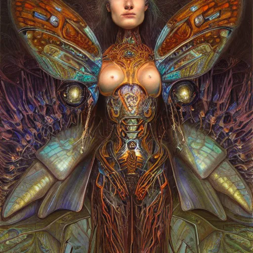 Prompt: realistic illustration of a beautiful rusted mechanical faerie queen with glowing eyes, moth wings with geometric patterns, reflective detailed textures, highly detailed dark fantasy science fiction painting by donato giancola and diego rivera and jean delville, silver and cool colors, artstation, octane render