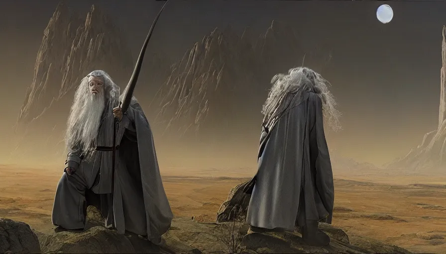Image similar to a beautiful painting of gandalf on an alien world, ray traced lighting by jean claude mezieres