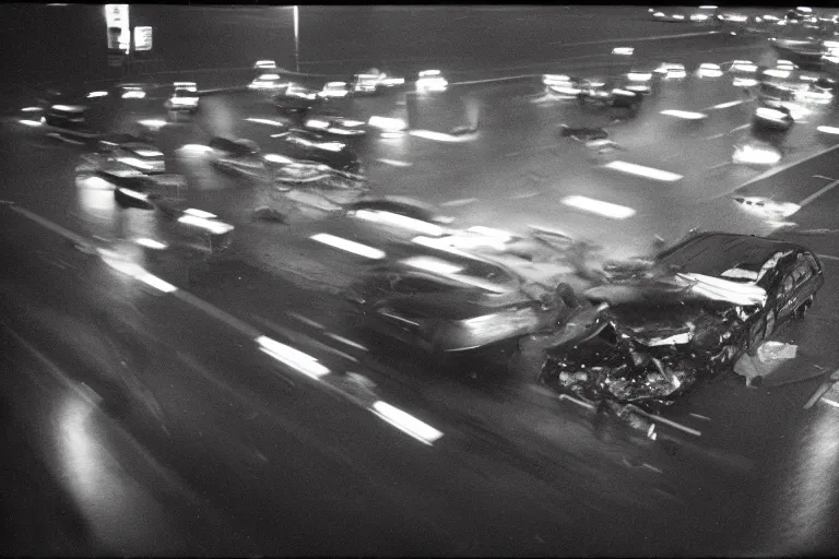 Prompt: huge car crash between two cars on highway , catching the moment of the crash, lot of glasses parts in the air, speed effect, photojournalism, night, rain, Kodak 5219 film, 1980's