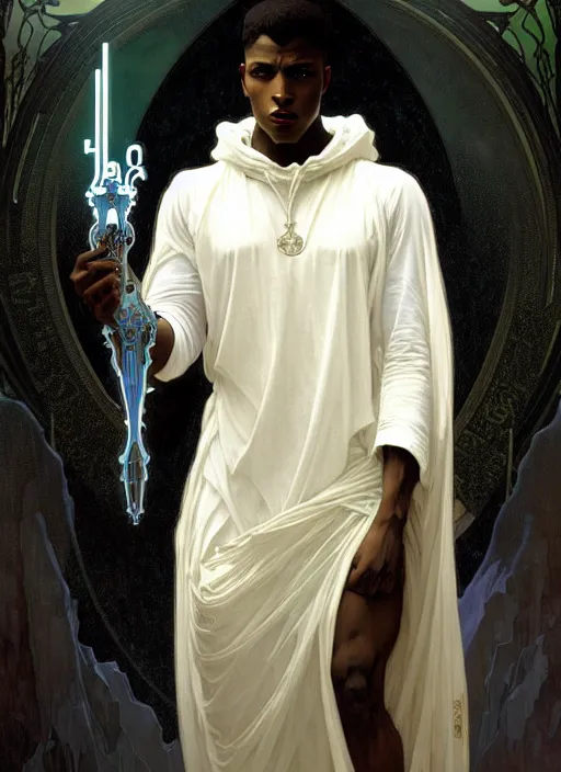 Prompt: awe-inspiring award-winning concept art nouveau painting of attractive young black man in a white hoodie angelic warrior figure, darkness, by Alphonse Mucha, Michael Whelan, William Adolphe Bouguereau, John Williams Waterhouse, and Donato Giancola, cyberpunk, fierce, extremely moody lighting, glowing light and shadow, atmospheric, shadowy, cinematic, diffuse lighting, fantasy, intricate, elegant, highly detailed, lifelike, photorealistic, digital painting, artstation, illustration, concept art, smooth, sharp focus, art by John Collier and Albert Aublet and Leonardo da vinci and Krenz Cushart and Artem Demura and Alphonse Mucha