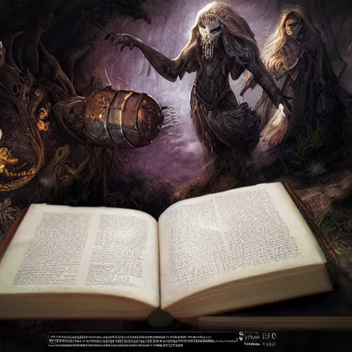 Prompt: illustration of a dark magic book, realistic painting, high definition, digital art, matte painting, very detailed, realistic