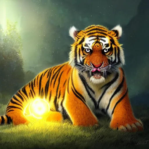 Image similar to adorable glowing tiger, trending on art station, cute, big eyes, matte painting, concept art, pixar, disney, highly detailed, cinematic composition, unreal engine, sharp focus, realistic