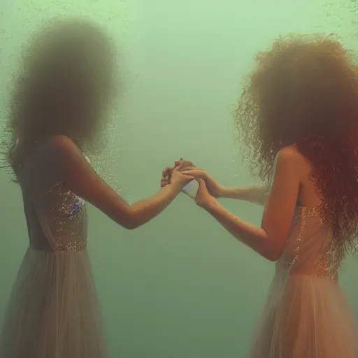 Image similar to award winning photograph of two women holding hands under water, volumetric lighting, flowing hair and dresses,