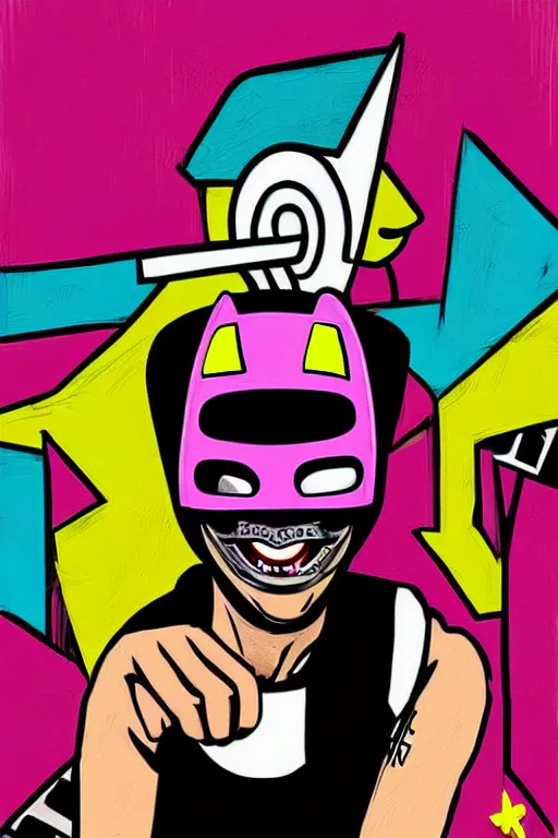 Prompt: masked skateboarder smile on face pop art, pixel, gta vice city art style, face features, body features, ultra realistic art, digital painting, concept art, smooth, sharp focus, illustration, intricate, without duplication, elegant, confident posse, art by mark millar and richard hamilton and mimmo rottela, kirokaze and paul robertson