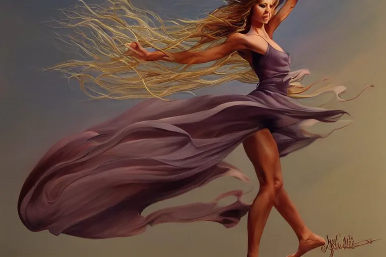 Image similar to a dancer with swirling hair is in the wind by julie bell, trending on artstation