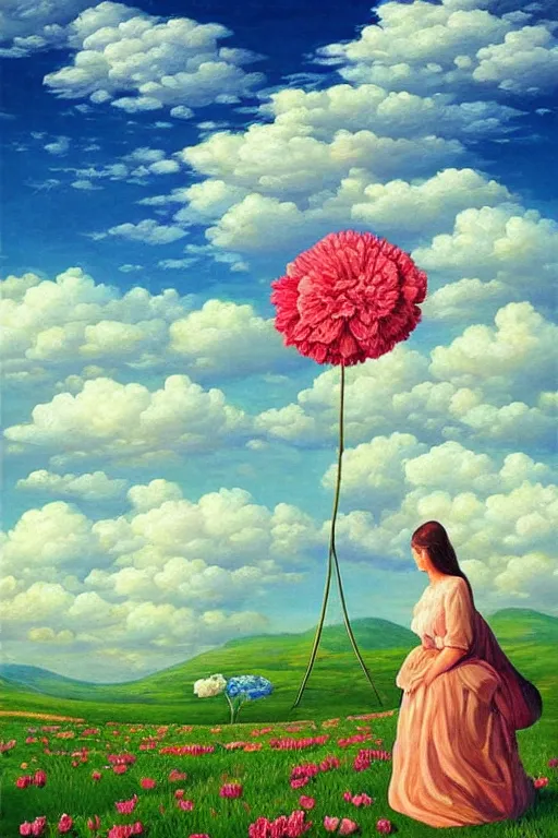 Image similar to giant carnation flower head, woman standing, surreal, clouds in sky, impressionist painting, digital painting, artstation, rob gonsalves