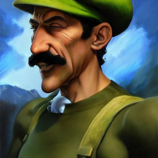 Prompt: An ultra realistic portrait painting of Luigi in the style of Frank Frazetta, 4k, Ultrarealistic, Highly Detailed, Dark Fantasy, Epic Lighting