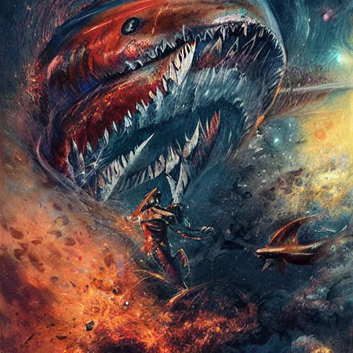 Prompt: dane cook fighting a shark in outer space, psychedelic ultra-detailed symmetrical focused ayahuasca art by artem demura