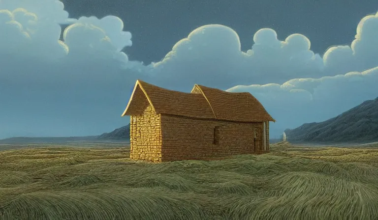 Prompt: A serene landscape with a singular building in the style of Michael Whelan.