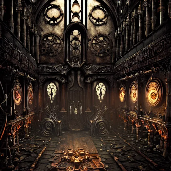 Image similar to steam necropolis, memento mori, gothic, neo - gothic, art nouveau, hyperdetailed copper patina medieval icon, stefan morrell, philippe druillet, ralph mcquarrie, concept art, steampunk, unreal engine, detailed intricate environment, octane render, moody atmospherics, volumetric lighting, ultrasharp, ominous, otherworldly