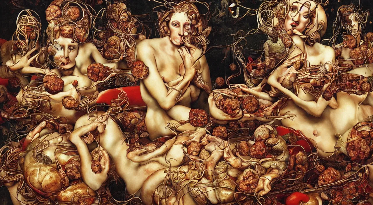 Image similar to illustration, bizarre compositions, blend of perfect woman bodies, spaghetti bolognesa, meatballs by dali, el bosco, exquisite detail